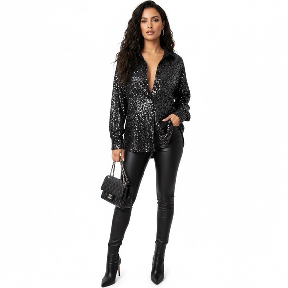 White Fox top Black Sequin Button-Up blouse long sleeve Shirt small NWT - Picture 2 of 12